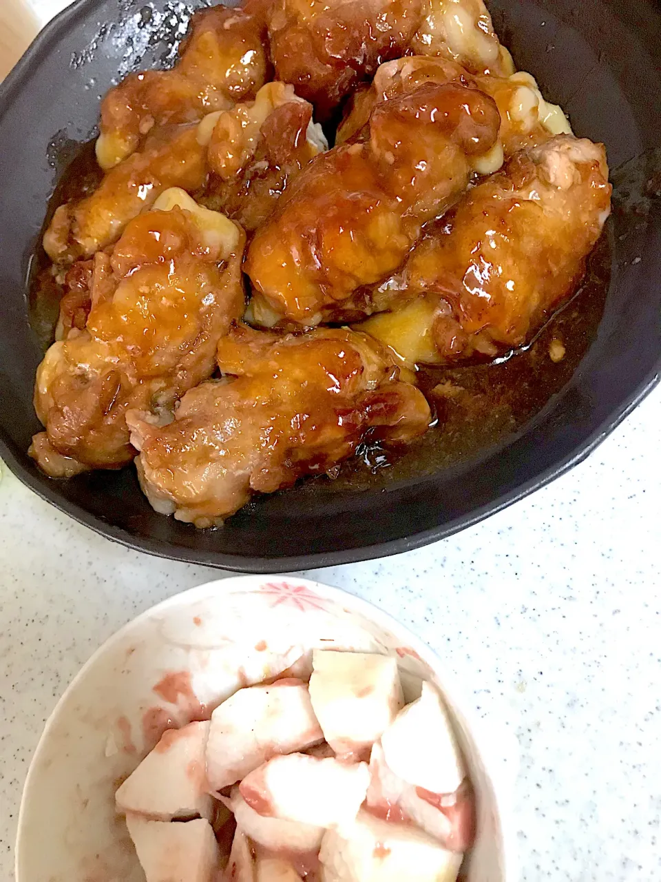 餅巻き豚肉甘辛煮、長芋梅和え|まみみさん