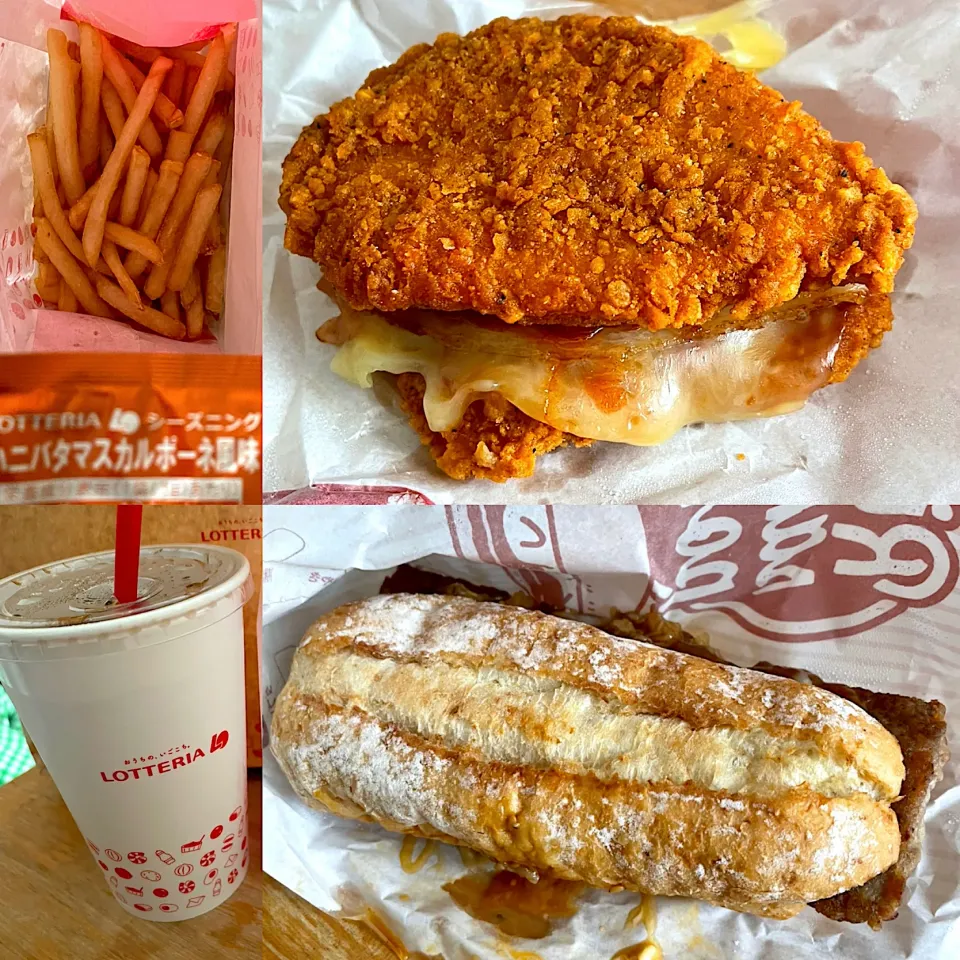 ホットワイルドチキンサンド🍔　肉盛恵方巻リブサンドポーク🍔　ハニバタマスカルポーネ風味ふるポテ🍟　ペプシ🥤|るみおんさん