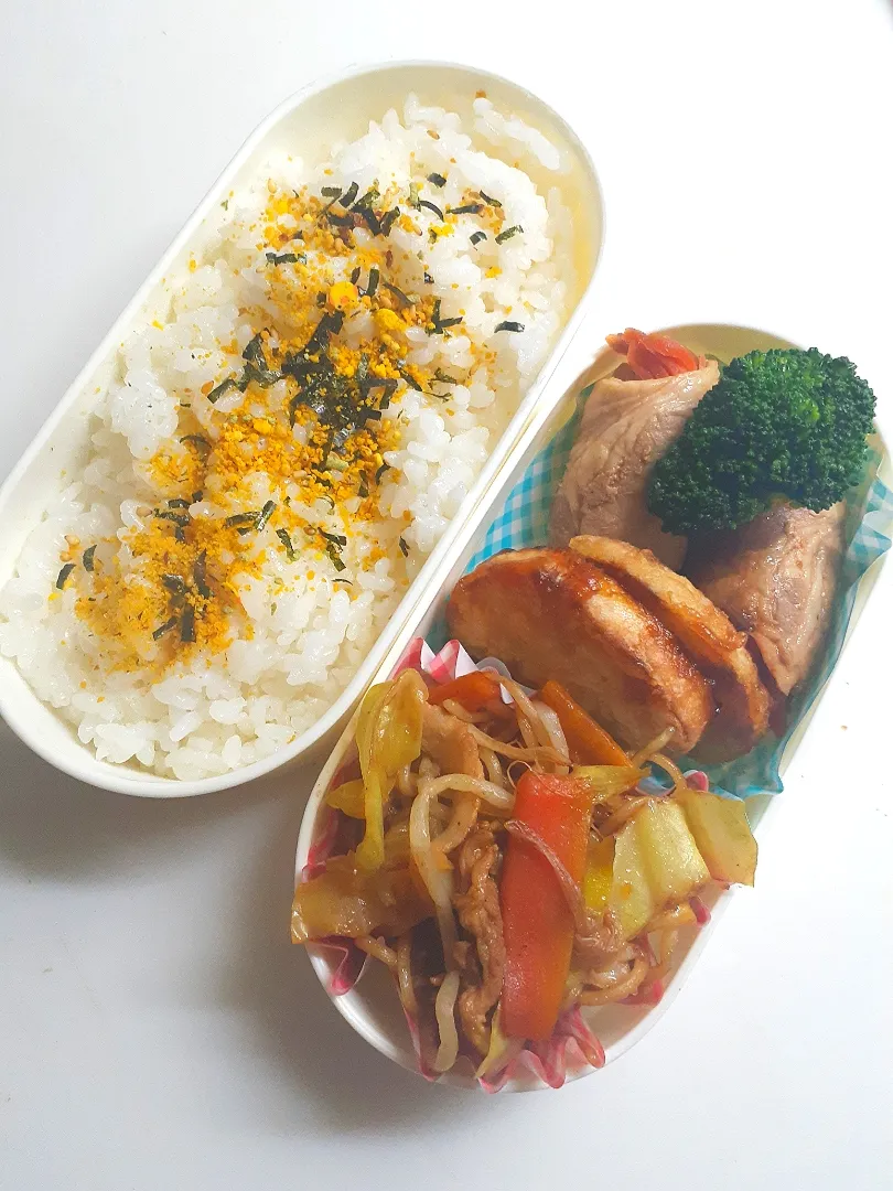 ☆中学生弁当☆のりたまごはん、ブロッコリー、野菜肉巻き、長芋甘辛、焼きそば|ｼｮｺﾗさん