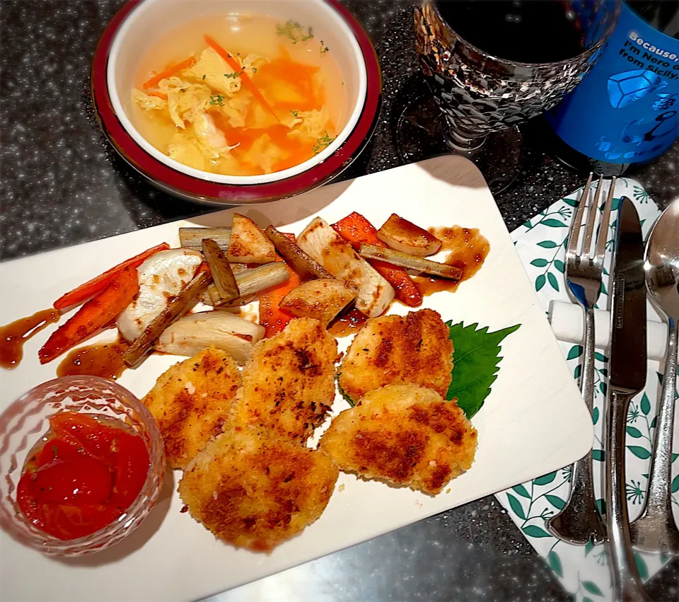 鶏むねのパン粉バター焼きと焼き根菜|Flowerさん