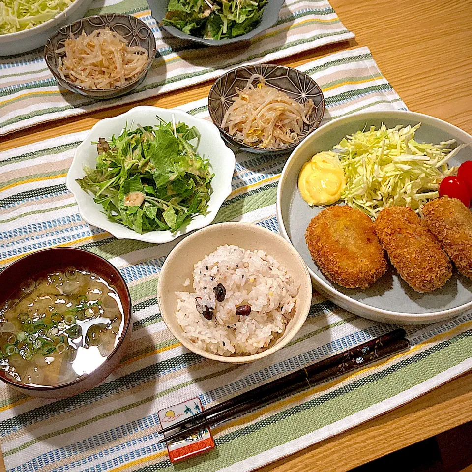 メンチカツ、もやしのナムル、サラダ、味噌汁|ツインうさぎさん