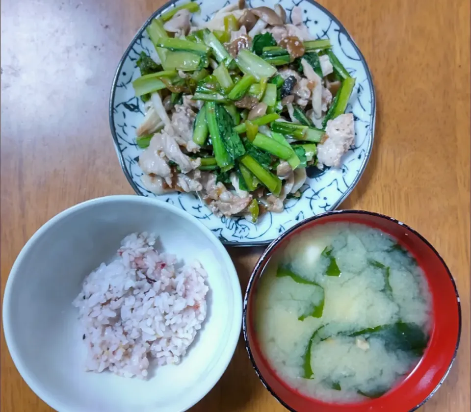 2022 0301　豚肉と小松菜の梅蒸し　豆腐と野菜のお味噌汁|いもこ。さん