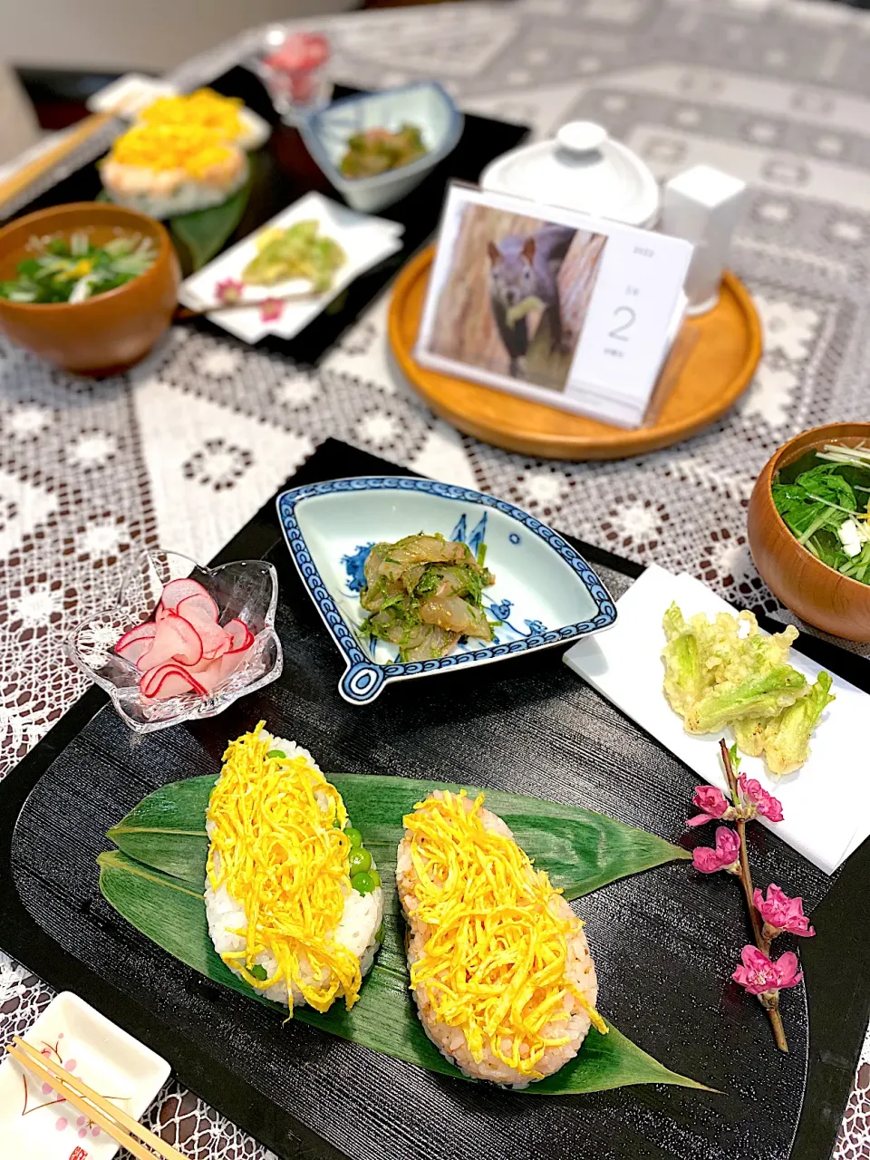 グリンピースご飯、二色ご飯、タラの芽天麩羅、真鯛胡麻タレ和え|papinさん