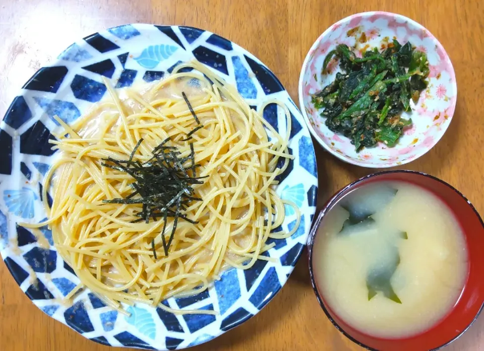 2022 0306　たらこパスタ　ほうれん草のおひたし　豆腐とわかめのお味噌汁|いもこ。さん