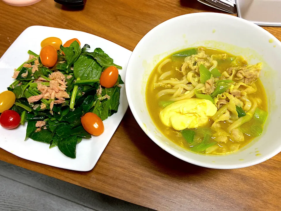 かれーうどん、ほうれん草サラダ|aicooさん