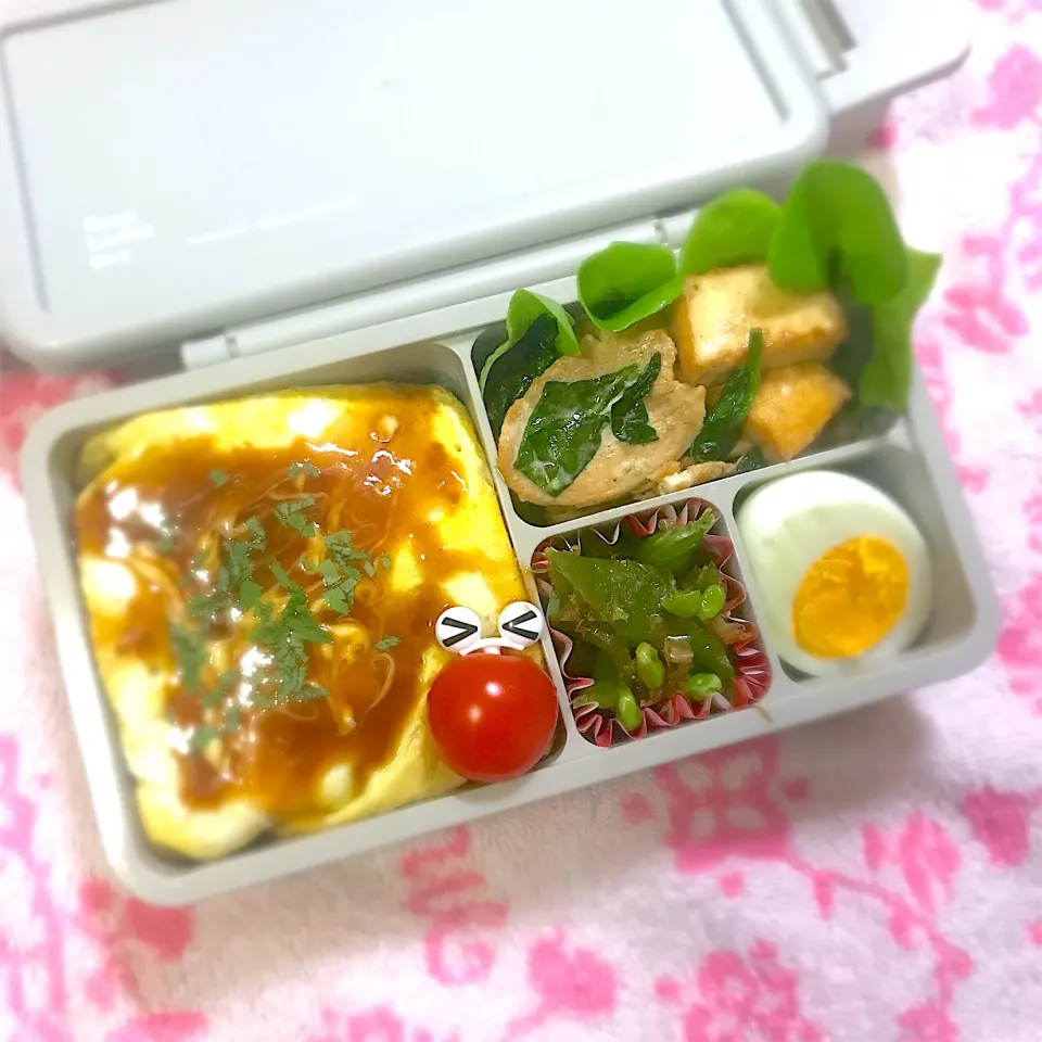 Snapdishの料理写真:JK1弁当🍱〜オムそばメシ・鶏ムネほうれん草マヨポン焼き•ゆで玉子・スナップえんどうオカカ和え|華恋さん