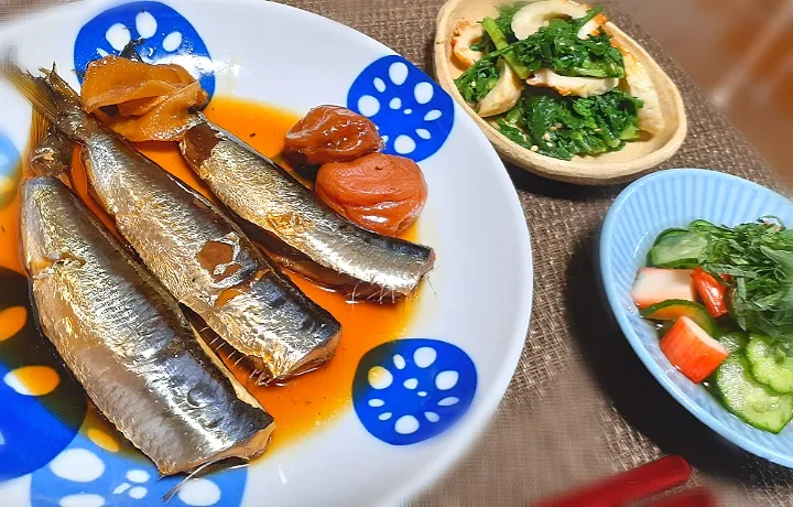 Snapdishの料理写真:にゃんぺこちゃんの料理
　春菊とちくわダシダナムル

イワシ🐟梅煮
酢の物|びせんさん