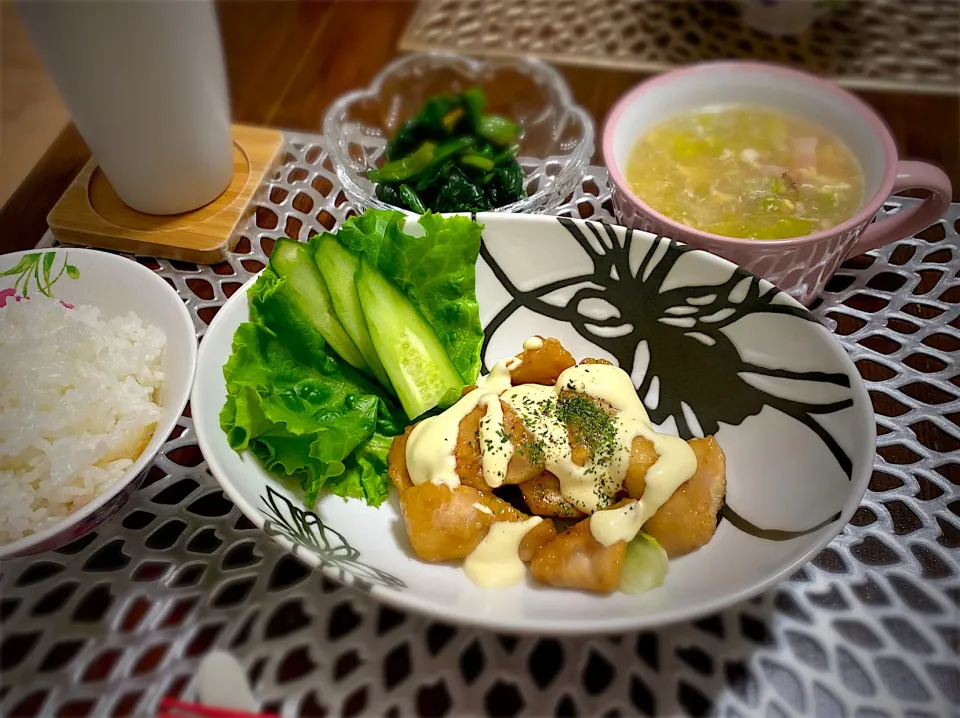 甘酸マヨだれチキン・ほうれん草の和え物・春キャベツと卵のとろみスープ|ちぃさん