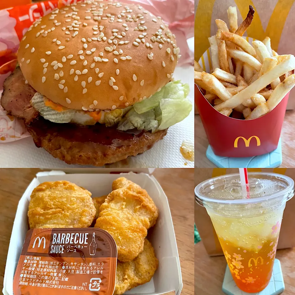 Snapdishの料理写真:厚切りスパイシーベーコン🥓てりたま🍔🍳　　マックフィズ愛媛県産ポンカン🥤　ポテト🍟　　ナゲット🍗|るみおんさん