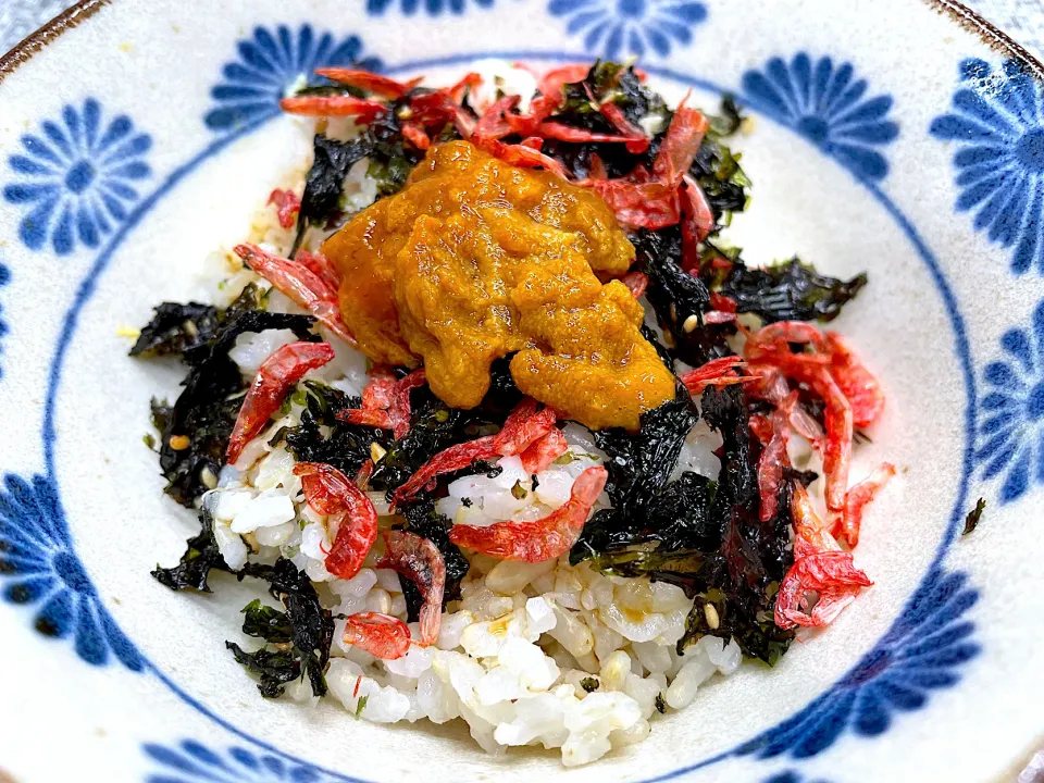 私の大好物🤤ウニの塩漬け、干しえび、韓国海苔をのせて、醤油をかけたら～の丼ぶりです❤️|みほままこさん