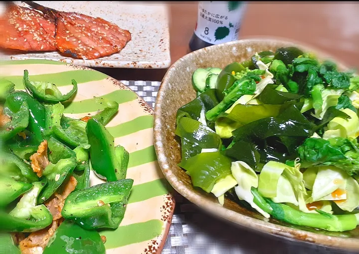 新ワカメと新キャベツのサラダ
鶏皮ピーマン
小鯵みりん|びせんさん