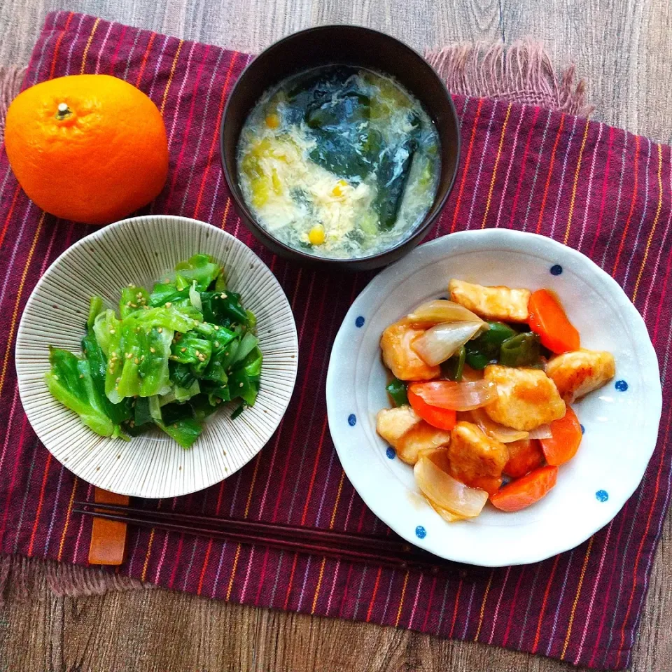 酢鶏🐔とやみキャベ🥬とかきたま汁🥚とはるみ🍊|真希さん