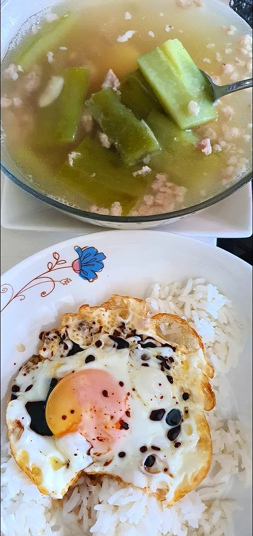 Snapdishの料理写真:Simple lunch 🤤
Bittergourd minced pork soup + garlic ginger
Fried egg steamed rice 😋💁‍♀️💕|🌷lynnlicious🌷さん