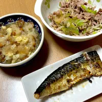 ねぎ塩豚、なめこのみぞれ煮、鯖塩焼き|simさん