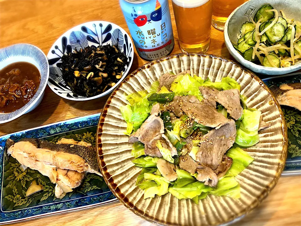 黒豚生姜焼　マコガレイ煮付け　ひじきと大豆の煮物　胡瓜ともやしのナムル|じゅんさんさん