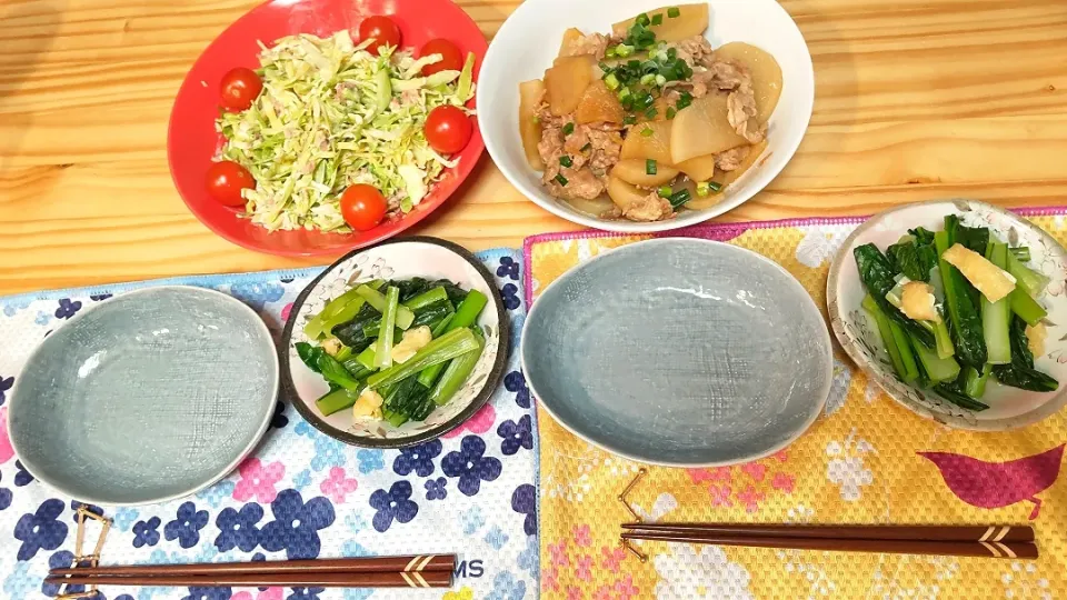 豚バラ大根
小松菜と油揚げの煮浸し
サラダ|ひろゴーヤさん