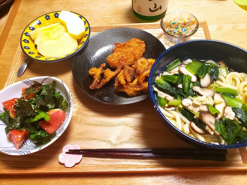 小松菜としいたけのあんかけうどん、菜の花とトマトのごまあえ|halさん