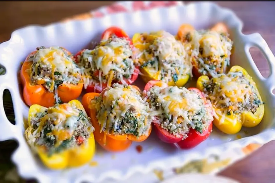 弁当フォックス BentoFox's dish Kale quinoa & beef stuffed peppers topped with four cheese and salted feta|BentoFoxさん