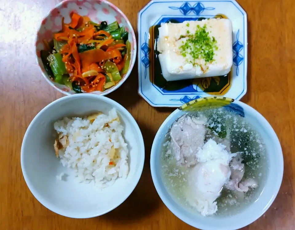 2022 0315　豚とたまごの白だし汁　山芋豆腐　チンゲン菜とにんじんの蒸し物|いもこ。さん