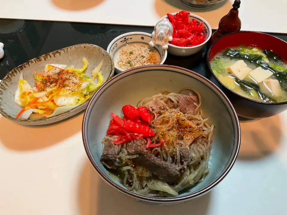 牛丼とワカメと豆腐のお味噌汁で晩御飯。牛丼のお供は、ちりめん山椒、チョロギ、紅生姜、柚子香る白菜の浅漬けで。|Takeshi  Nagakiさん