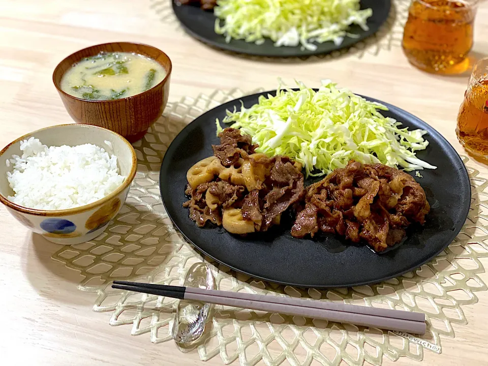 牛肉と蓮根のオイスターソース／豆乳スープ|ひろさんとゆりさんさん