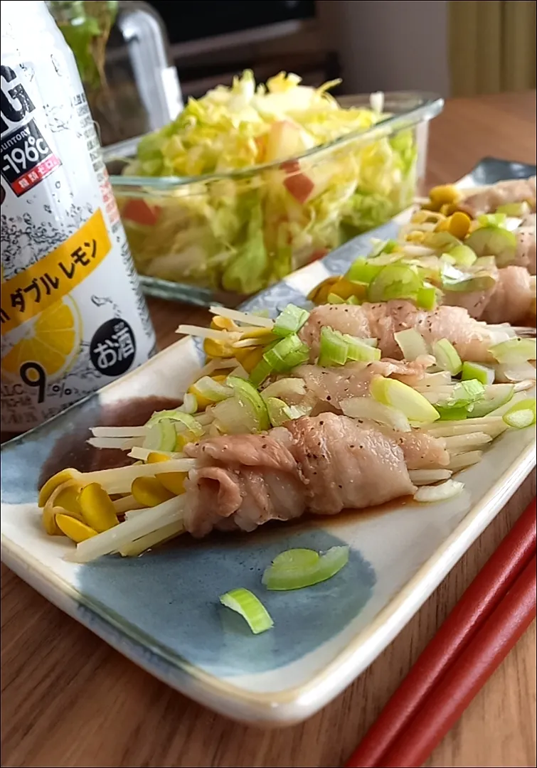 Snapdishの料理写真:豚巻き豆もやしﾚﾝﾁﾝﾎﾟﾝ|まりおさん