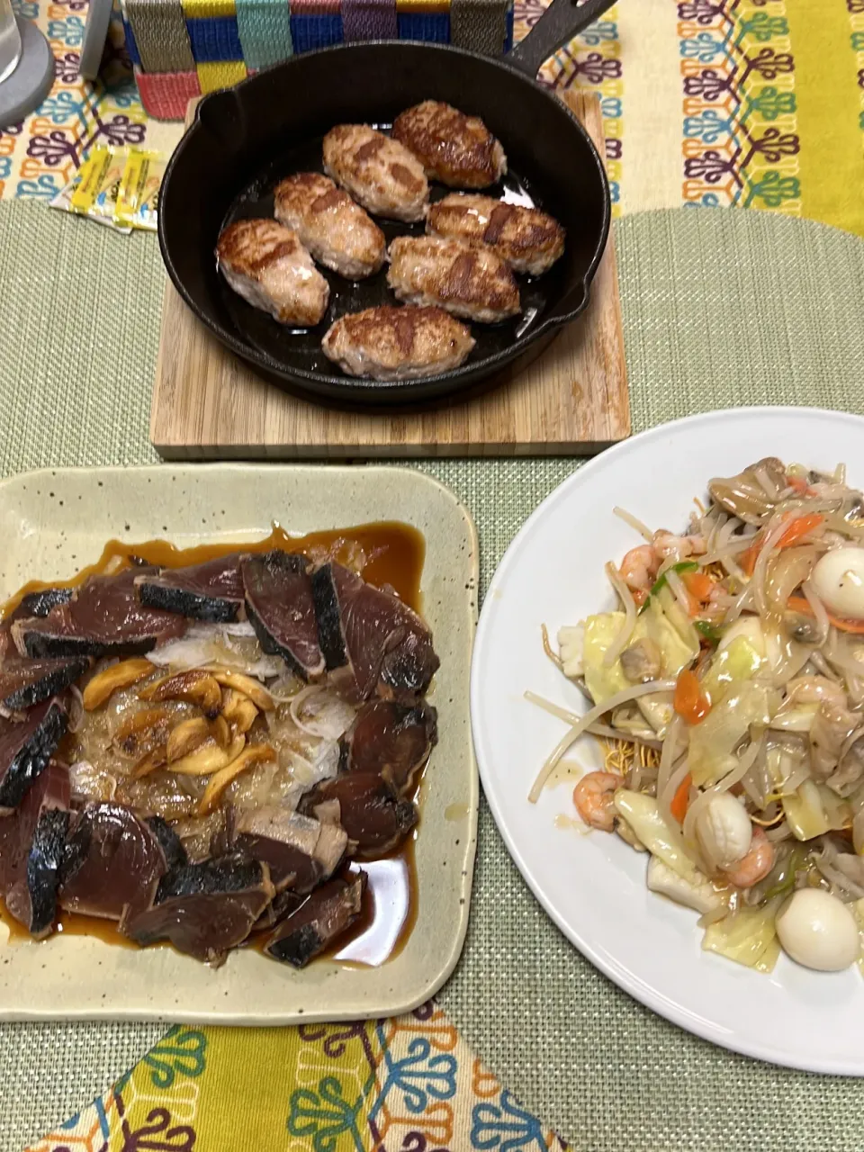 皿うどん、鶏つくね焼き、かつおのたたき|peanutsさん