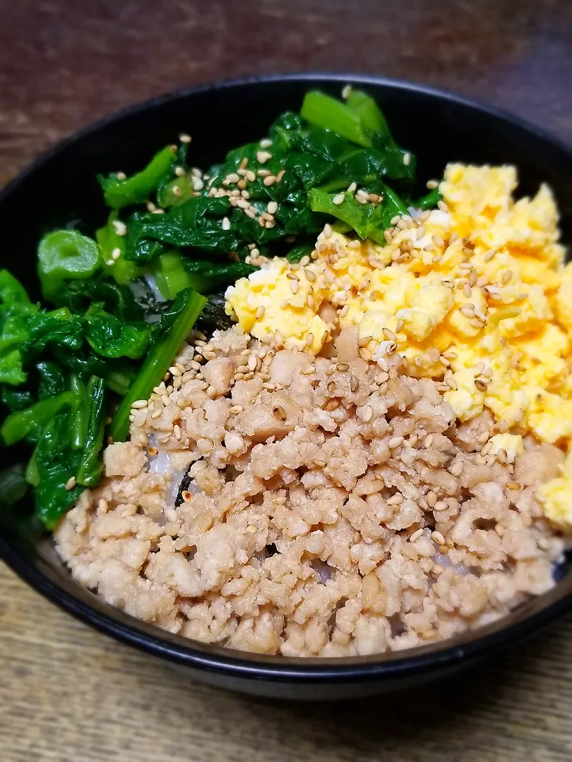 Snapdishの料理写真:パパ盛付け👨３色そぼろ丼|ぱんだのままんさん