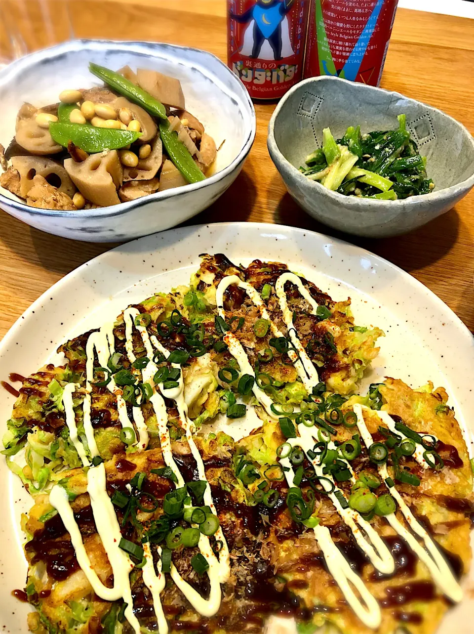 烏賊天のお好み焼き　鶏ももと蓮根と大豆の煮物　ちもとの辛子酢味噌和え|じゅんさんさん