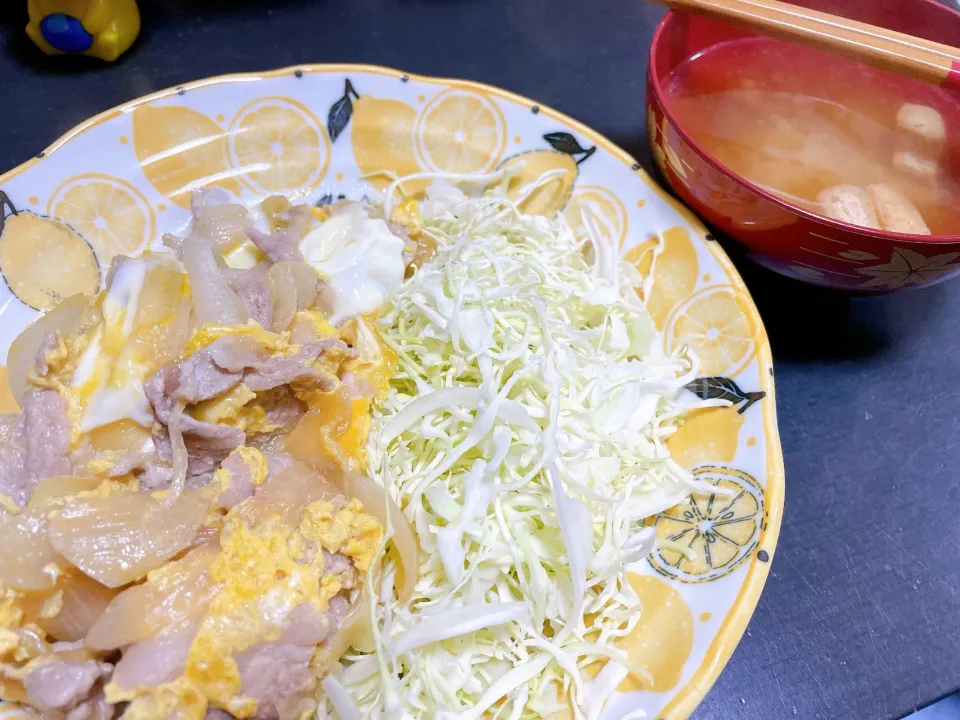 豚こま卵とじ　長ねぎと油揚げの味噌汁|ミホさん