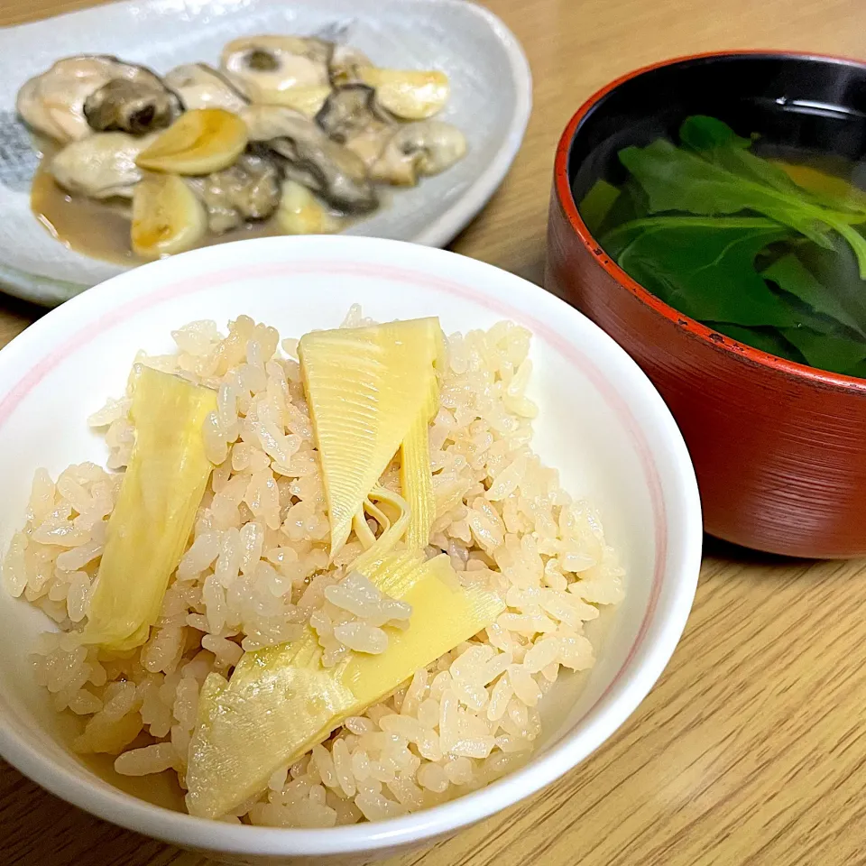 筍炊き込みご飯、牡蠣バター醤油炒め、お吸い物|Masamiさん