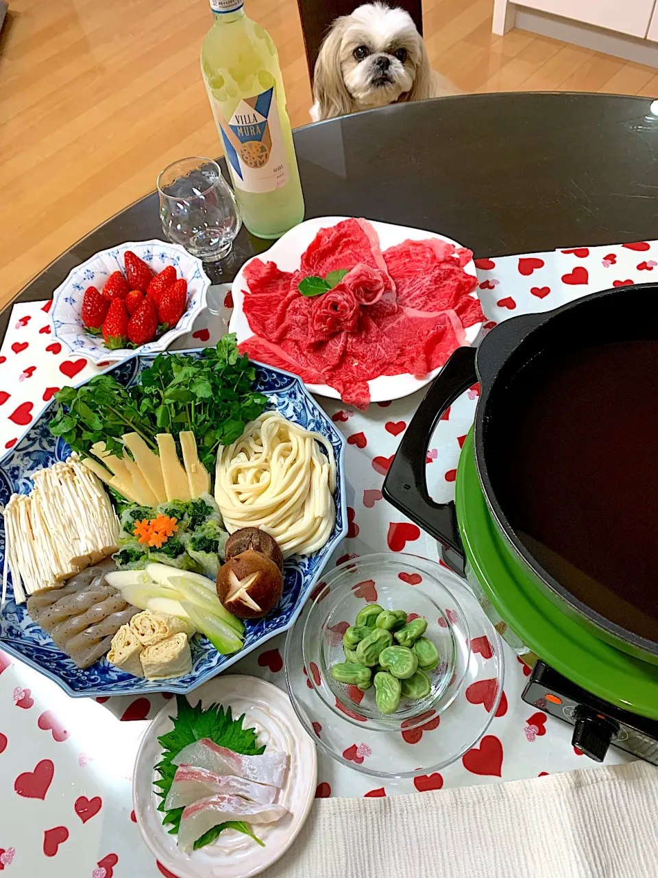 牛しゃぶうどん　鯛のお造り　茹でそら豆|プクママさん