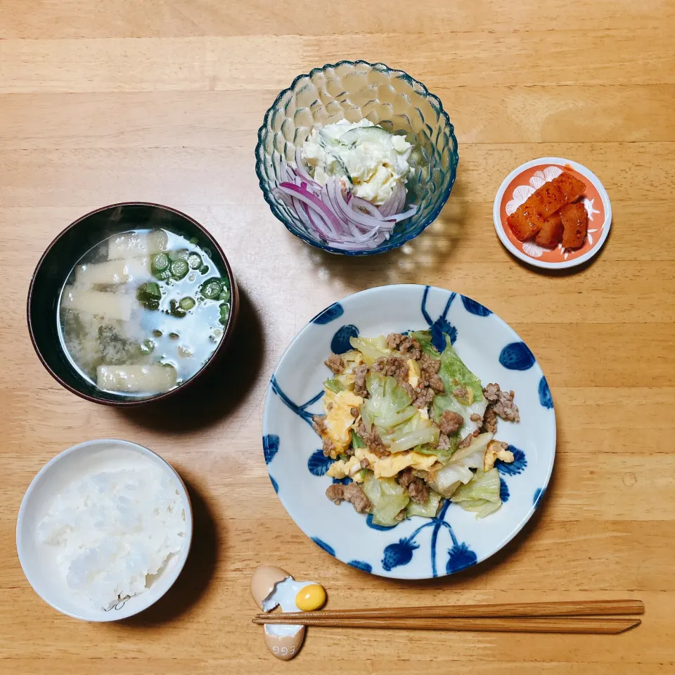 Snapdishの料理写真:キャベツと卵の肉味噌炒め🥬🥚|ちゃみこさん