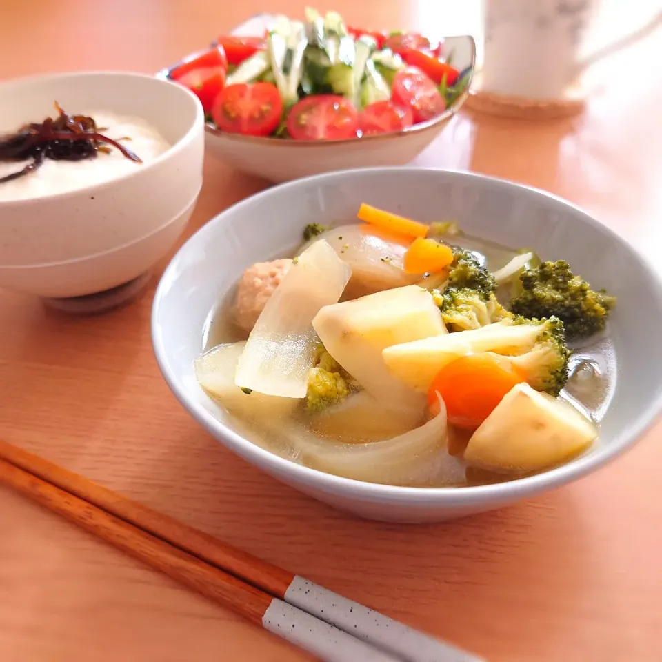 【昼ごはん】
肉団子入りポトフ
きゅうりとトマトのサラダ
とろろご飯|Rie*さん