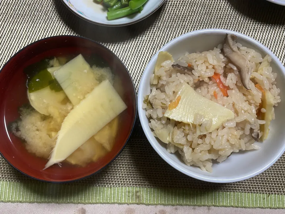 竹の子掘りからのたけのこご飯と味噌汁|かよっぺさん