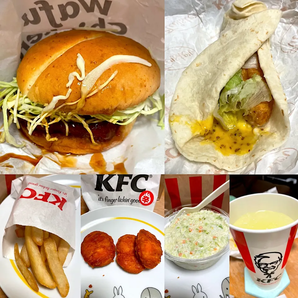 和風チキンカツサンド🍔　ハニーマスタードツイスター🍯　レッドホットナゲット🍗　レモネード🥤　ポテト🍟|るみおんさん