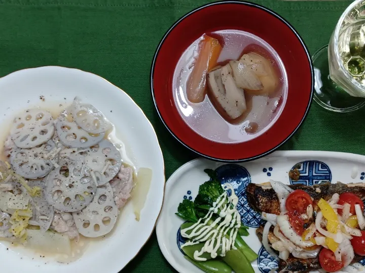 白菜豚肉蓮根の蒸し煮、鰯の揚げ焼きマリネ|ぱいんてーるさん