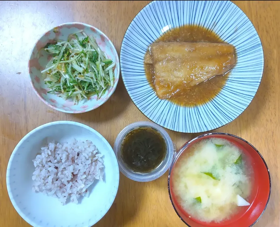 2022 0326　鯖のみぞれ煮　水菜のおひたし　もずく　豆腐とわかめのお味噌汁|いもこ。さん