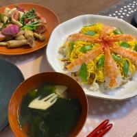 ひな祭りちらし寿司、若竹汁、カブの炒め物
