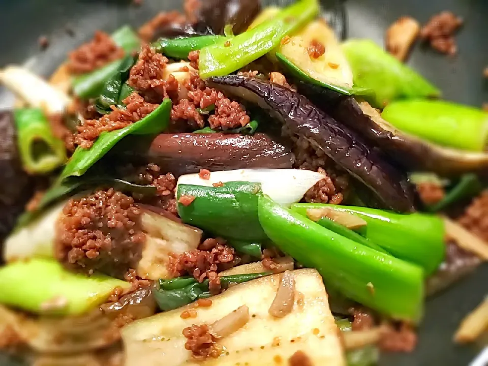 『肉味噌風！ナスとネギの炒め物』|masuさん