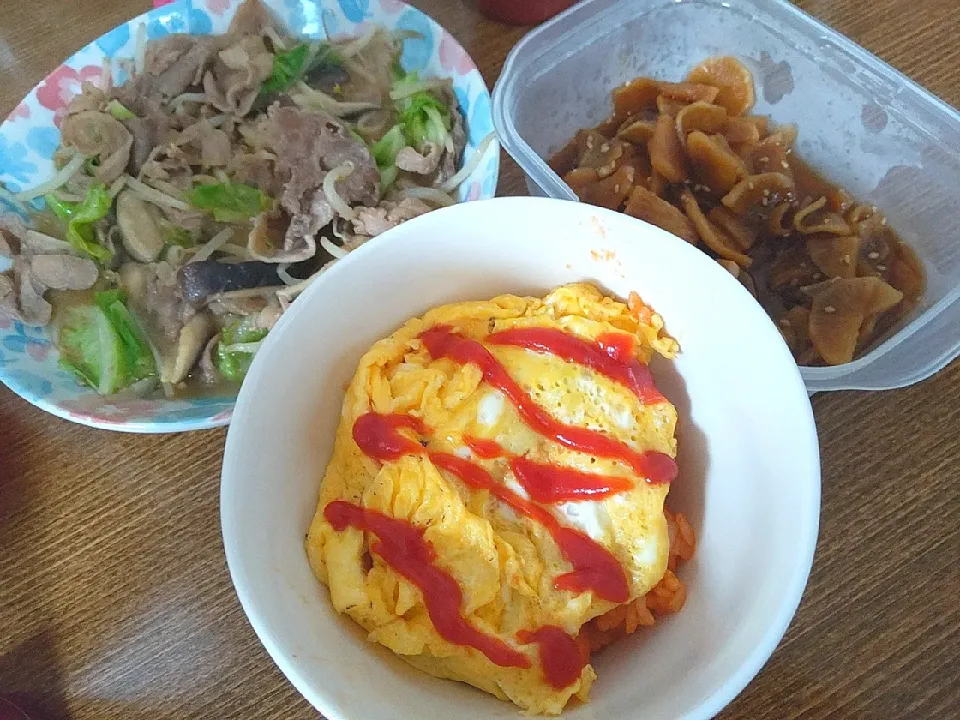 Snapdishの料理写真:オムライス
豚肉と春キャベツの味噌炒め
大根のはりはり漬け|尚さん