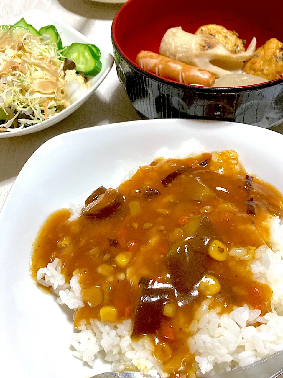 Snapdishの料理写真:あまり物で麻婆なす丼、スプラウトのサラダ、おでん風煮物|Ayaさん