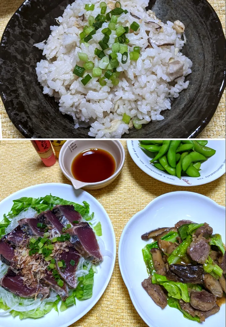 Snapdishの料理写真:2022/04/02　新生姜の炊き込みご飯＆旦那さんの酒のおつまみ|ちいたんさん