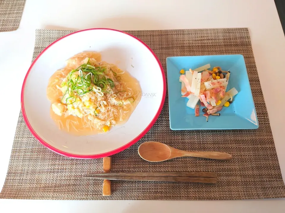 今日の昼食　ホタテ缶のあんかけ炒飯、大根とベーコンの炒めもの|pinknari🐰🌈さん