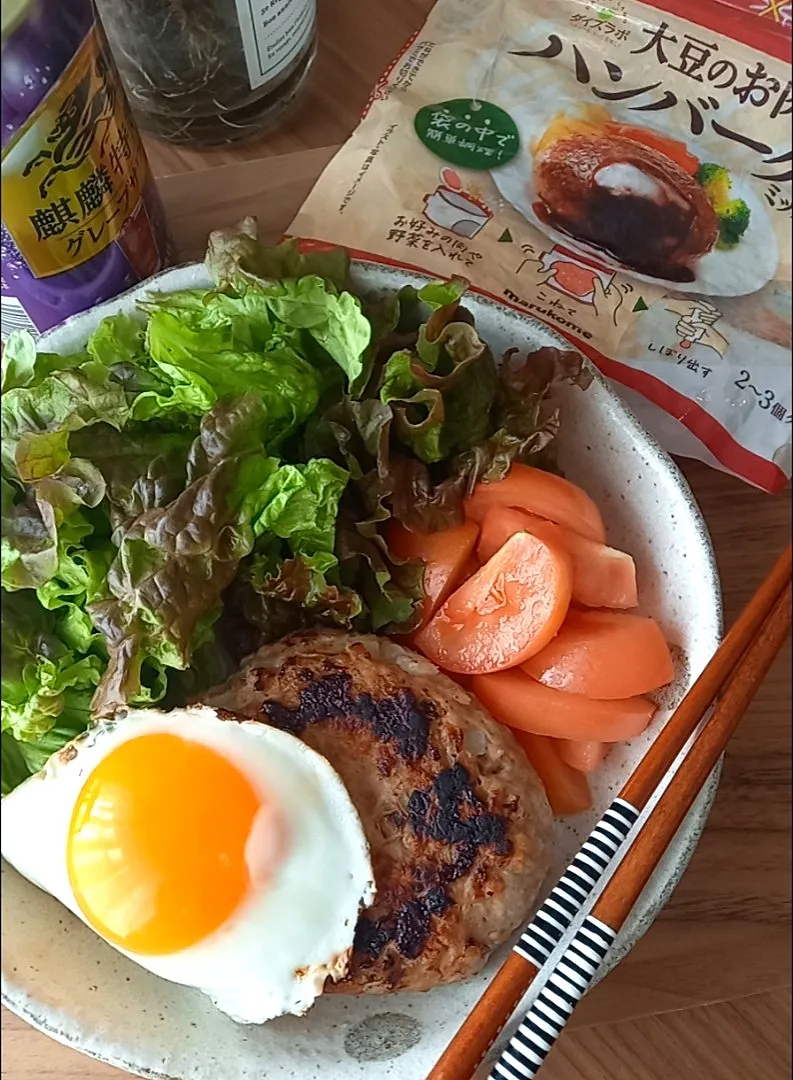 Snapdishの料理写真:大豆のお肉&豚肉ﾊﾝﾊﾞｰｸﾞ|まりおさん