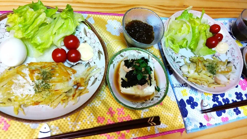 鱈の新じゃが包み焼き
レタスとミニトマト、ゆで卵
もずく
ツナ新たまねぎ海苔冷奴|ひろゴーヤさん