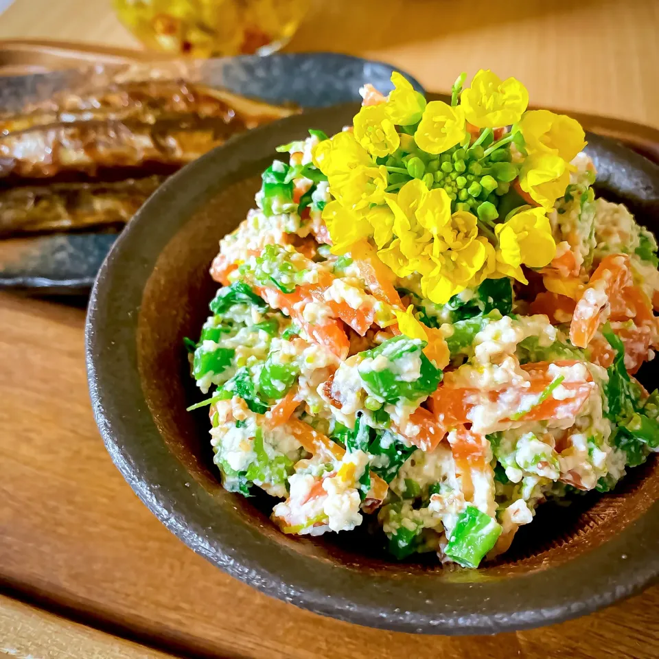 ナッツと菜の花の白和え🌼ししゃもの甘辛煮🐟|にゃんぺこさん