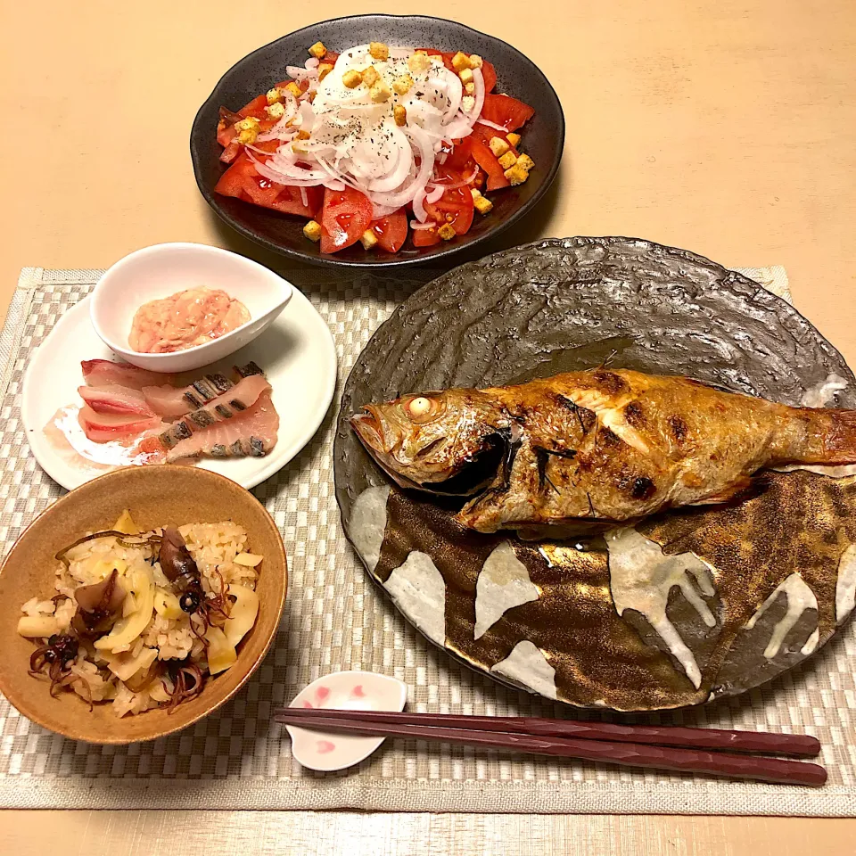 のどぐろ塩焼き、蛍イカ炊き込みご飯、お刺身を肝醤油で|Nikoさん