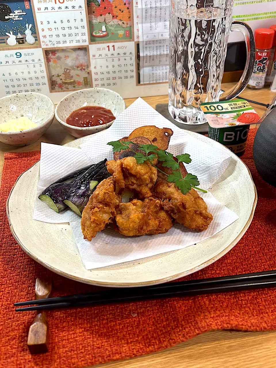 揚げ茄子とフライドポテトと鶏胸肉の唐揚げ|くろさん