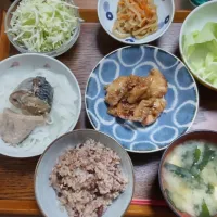 Snapdishの料理写真:鶏肉味噌焼き
新玉ねぎサバ缶
豆腐とワカメ味噌汁
小豆玄米
キャベツのサラダ
レタス
切り干し大根|ぴーちゃんママさん